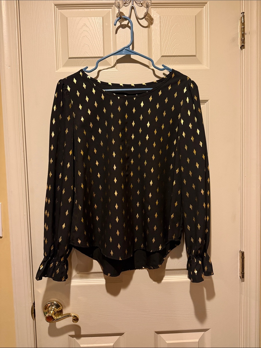 Black Long-Sleeve Blouse with Gold Diamond Print